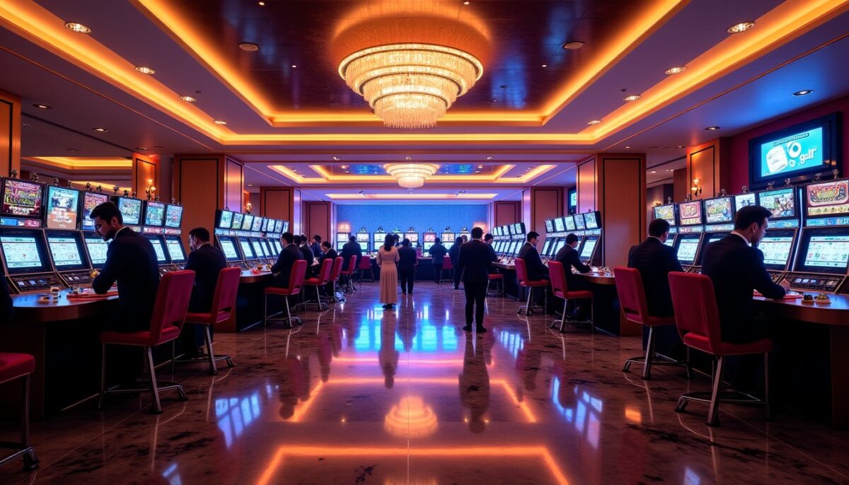 Lueur Néon et Vignettes : Plongée au Cœur d’un Lobby de Casino Moderne
